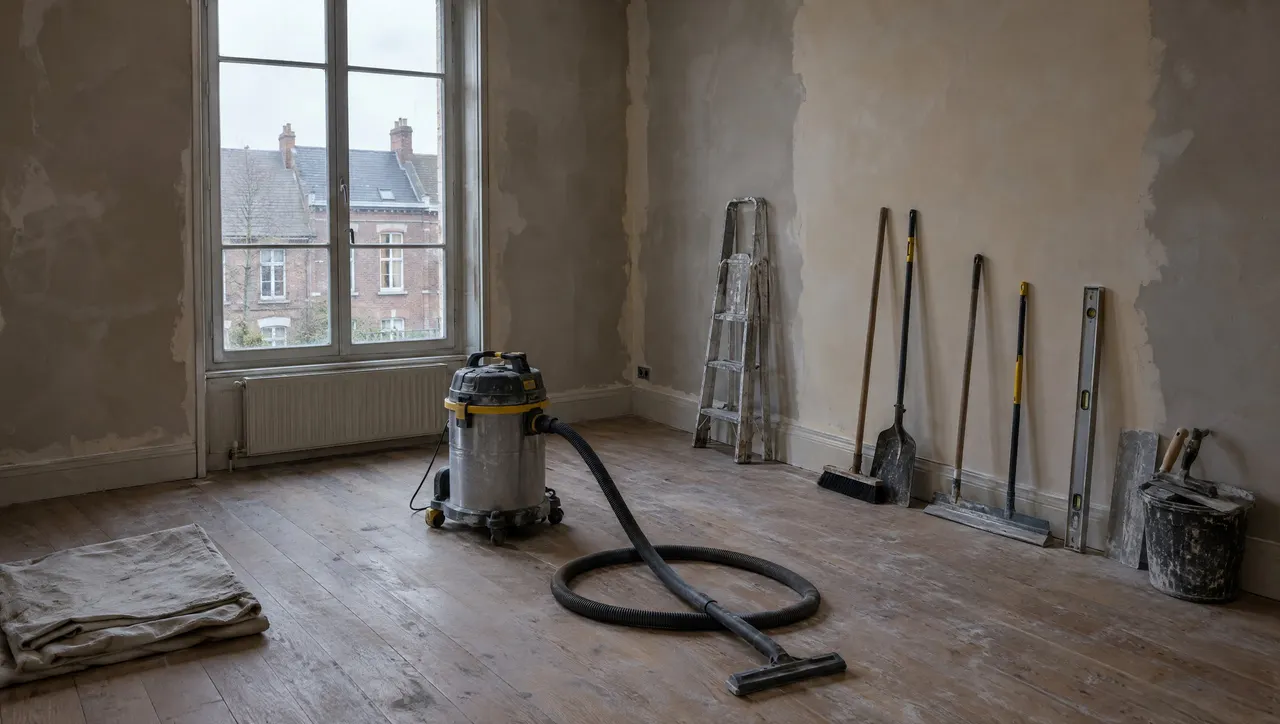 Aspirateur de chantier, escabeau et outils rangés dans une pièce enduite en fin de journée
