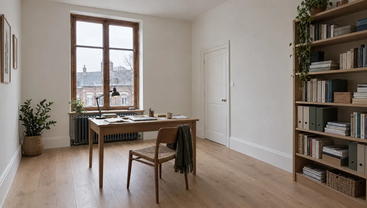 Le même bureau après travaux, parquet contrecollé chêne, murs clairs et mur du fond peint en olive