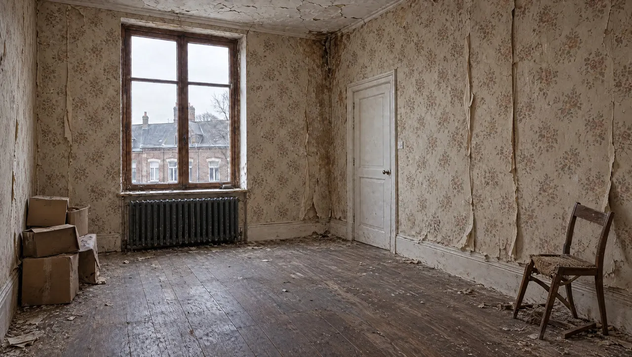 Bureau d'une maison de 2004 avant travaux, moquette grise usée et murs marqués par les meubles