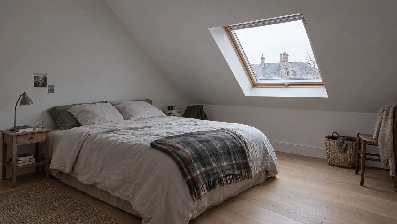 Chambre sous rampants après travaux, rampants plaqués et peints en blanc mat, fenêtre de toit habillée, parquet stratifié
