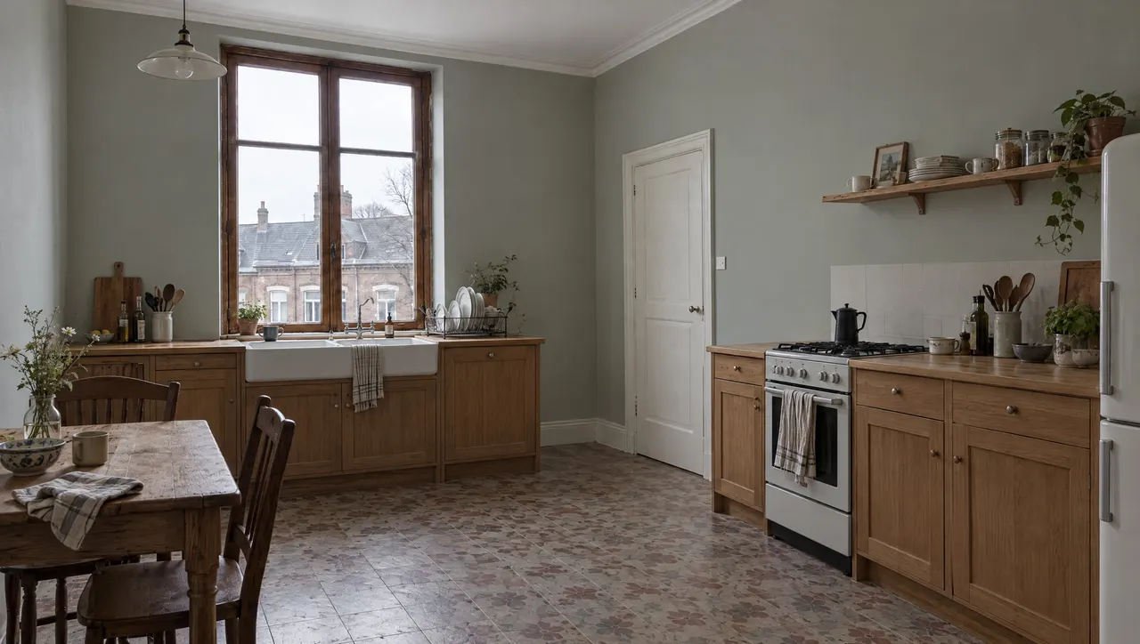 La même cuisine après travaux, murs lisses peints en satiné clair et plafond blanc mat