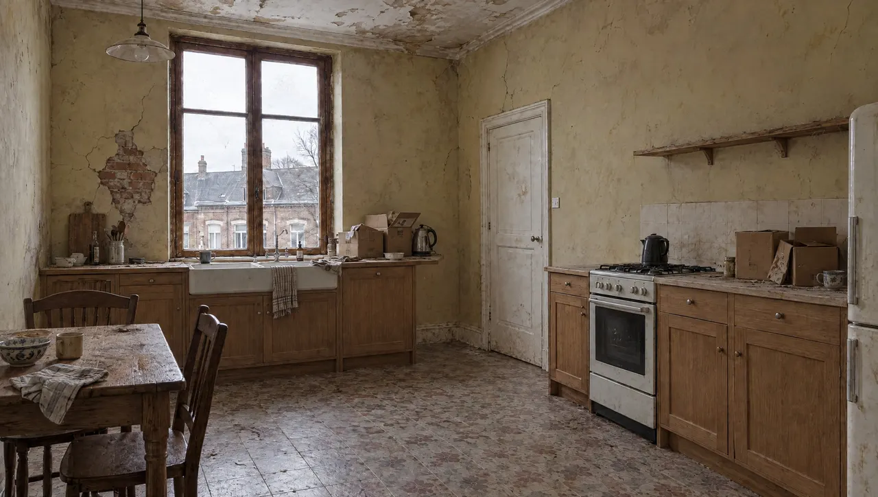 Cuisine d'un appartement de 1972 avant travaux, faïence jaunie au-dessus du plan de travail et plafond taché