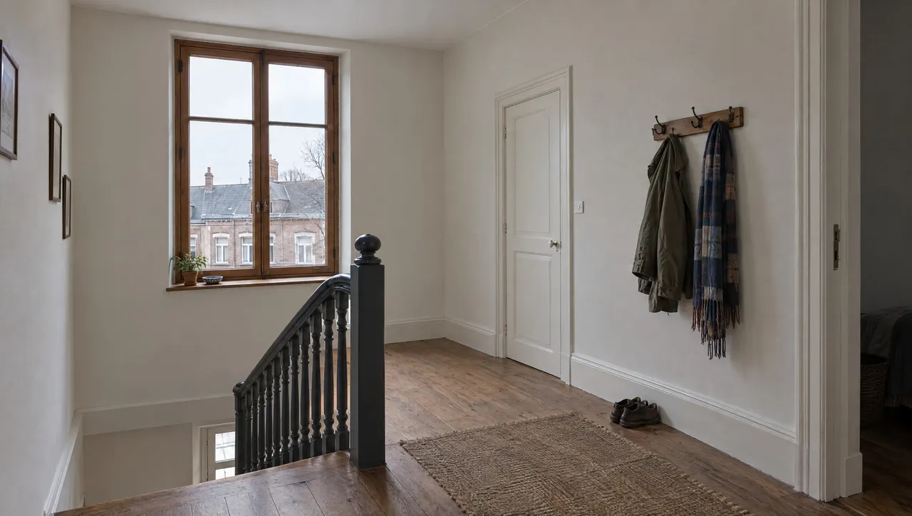 La même cage d'escalier après travaux, murs enduits et peints en velours clair, main courante repeinte