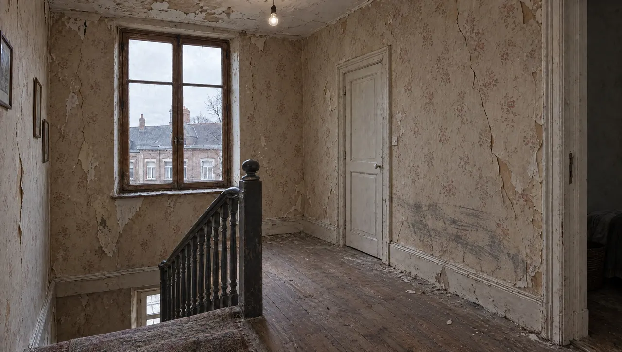 Cage d'escalier d'une maison de 1930 avant travaux, fissures longues sur les murs des deux niveaux et peinture écaillée