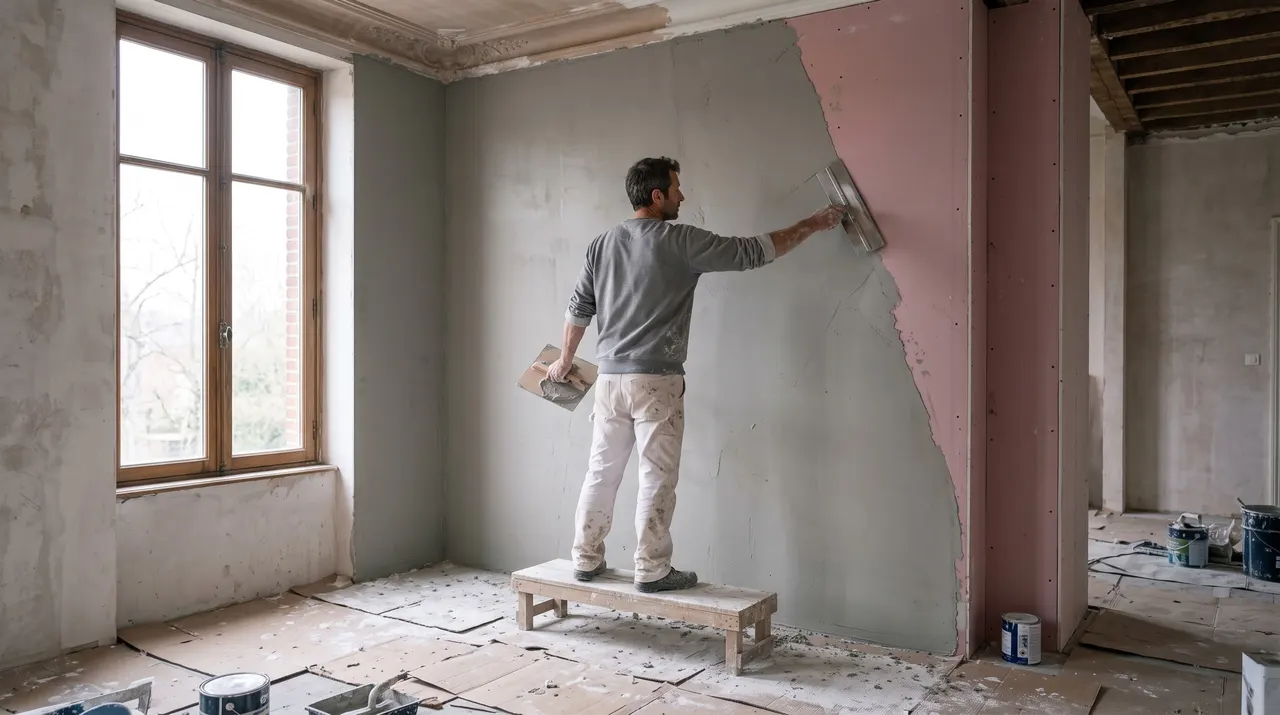 Julien Delcourt lisse une passe d'enduit sur un mur avec une lame large