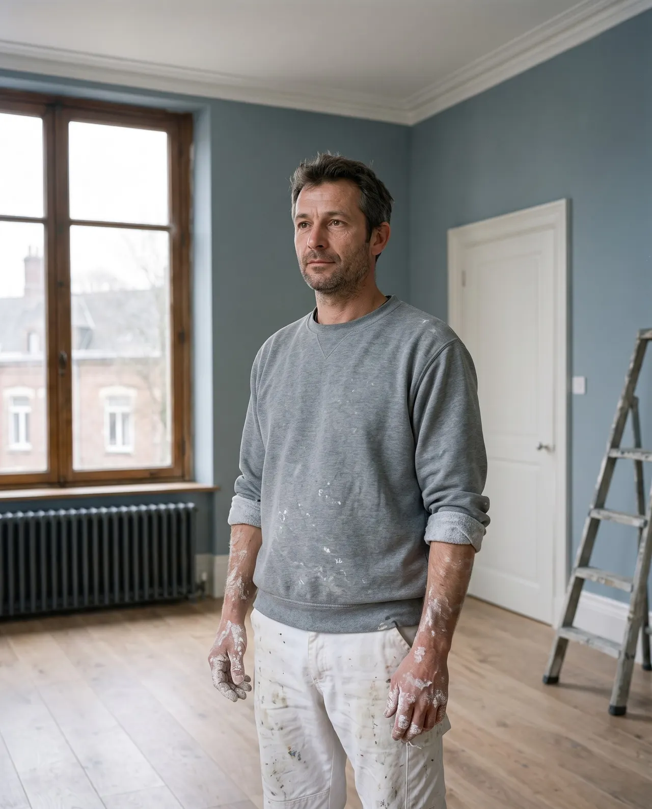 Julien Delcourt, plâtrier, devant la porte de l'atelier rue de l'Arsenal à Saint-Omer