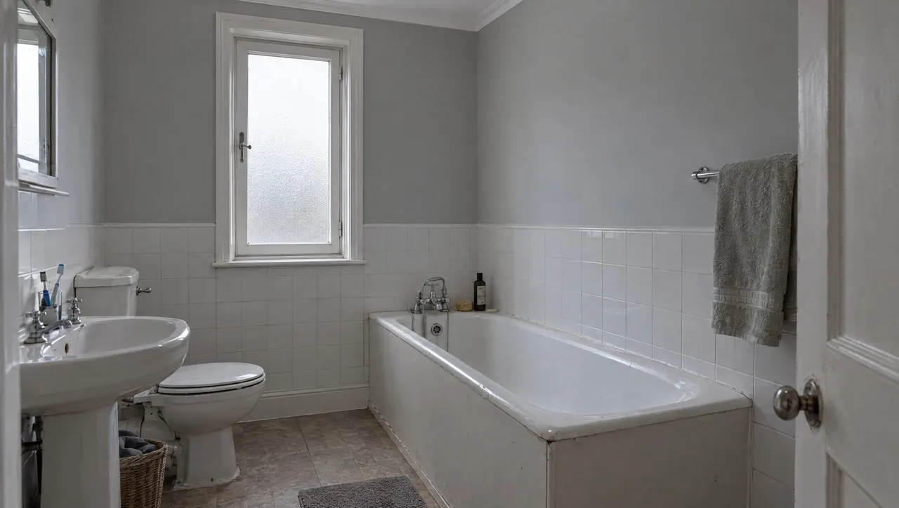 La même salle de bain après travaux, murs et plafond lisses peints en blanc satiné, carrelage conservé