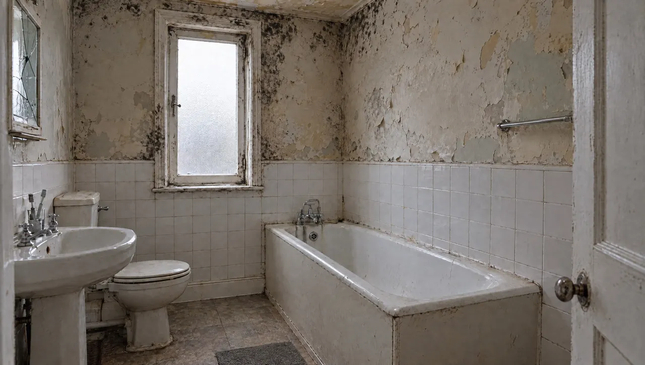 Salle de bain avant travaux, plafond taché de moisissure au-dessus de la douche et peinture cloquée au-dessus du carrelage