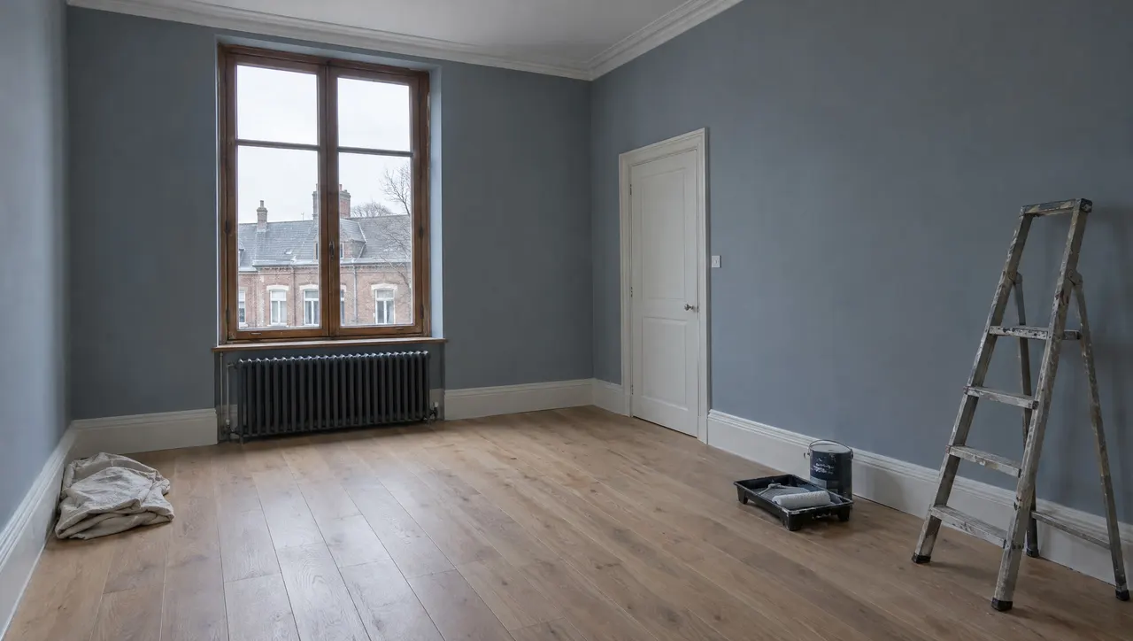 Le même séjour après travaux, murs enduits et peints en velours clair, parquet contrecollé chêne neuf