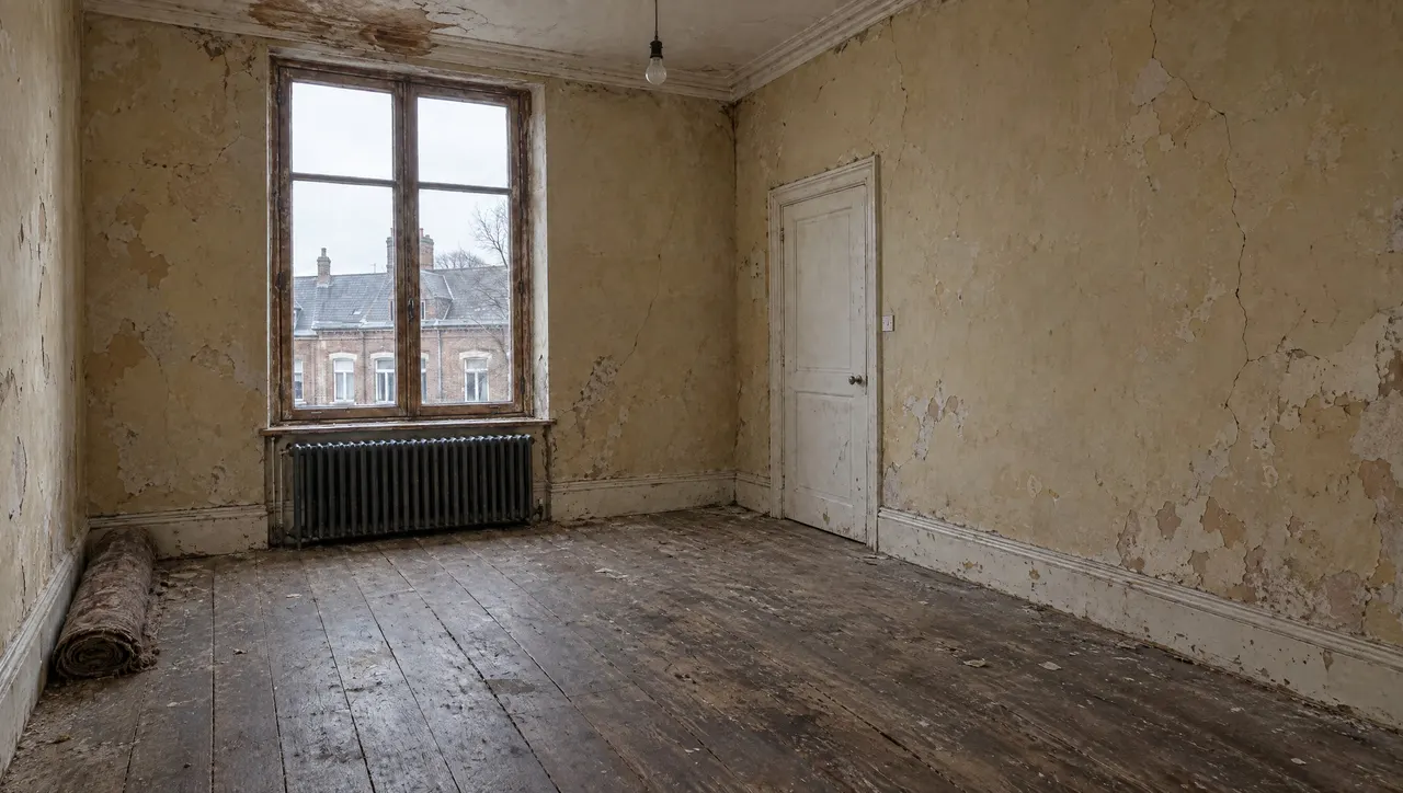 Séjour d'une maison de ville de 1910 avant travaux, murs fissurés, ancien parquet usé et papier peint décollé