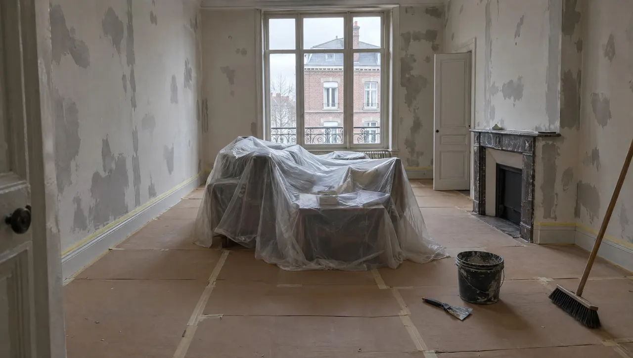 Carton de protection posé sur le parquet d'un séjour et scotché le long des plinthes